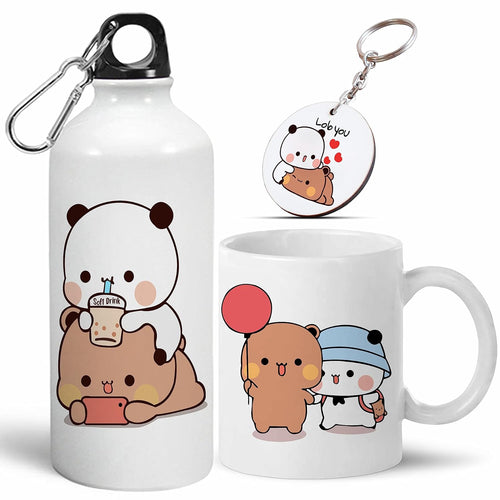 Bubu Dudu Love Gift Water Bottle Aluminium with Coffee Mug, Wooden Keychain Combo Pack NMSK (Multicolor)
