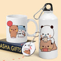 Bubu Dudu Love Gift Water Bottle Aluminium with Coffee Mug, Wooden Keychain Combo Pack NMSK (Multicolor)