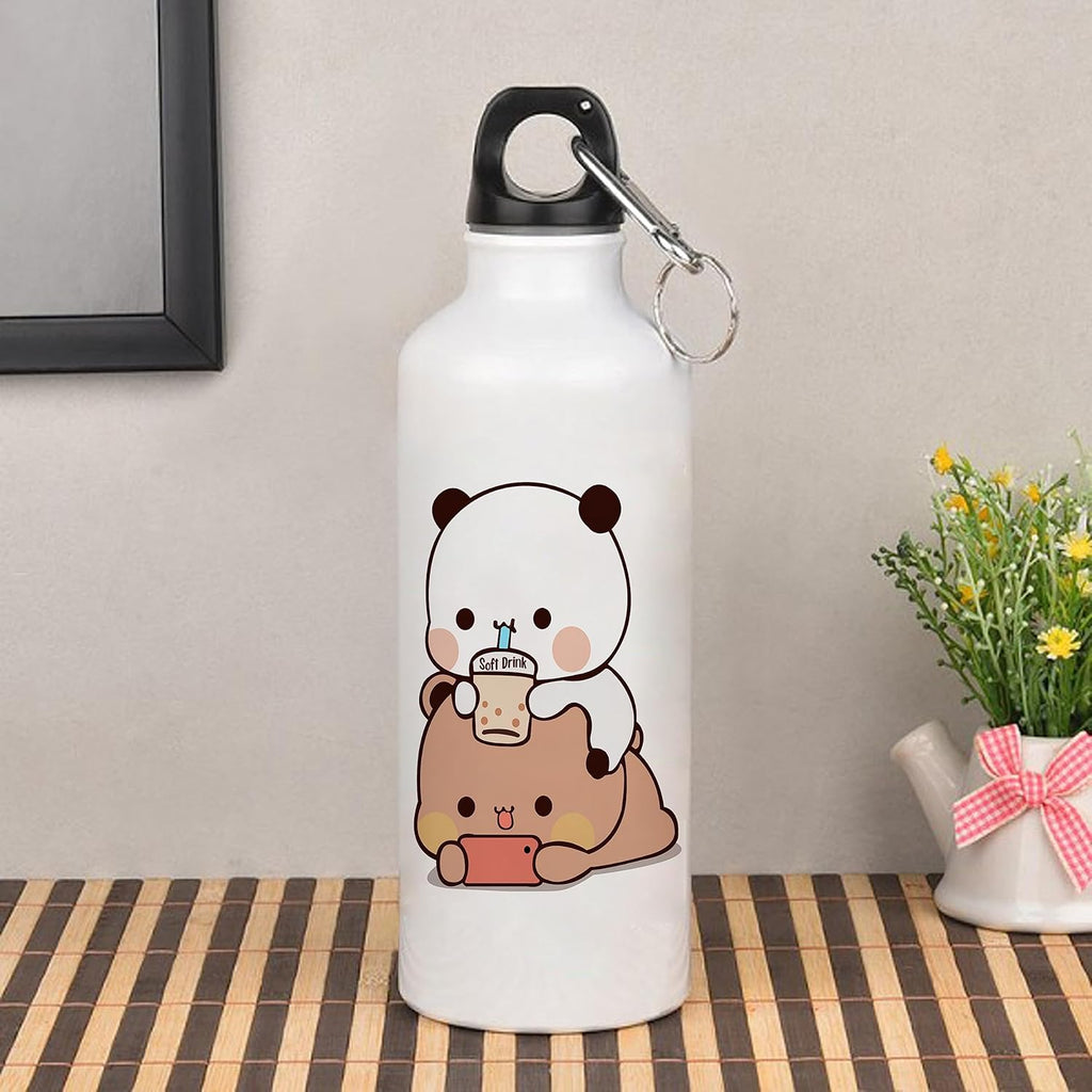 Bubu Dudu Love Gift Water Bottle Aluminium with Coffee Mug, Wooden Keychain Combo Pack NMSK (Multicolor)